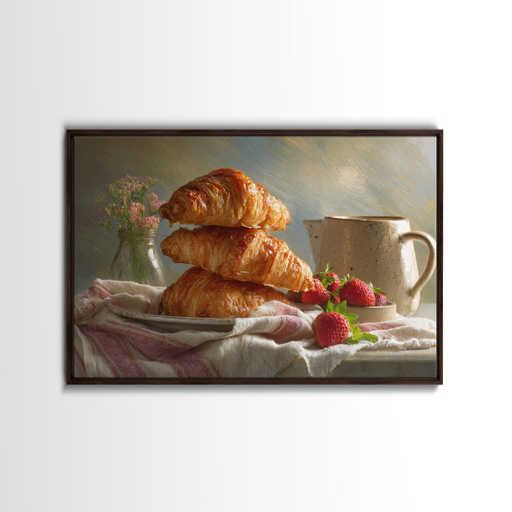 Buttery Croissants Stacked on Striped Linen Framed Canvas Print, Bakery Art, Room Decor, Bakery Decor, Abstract Art, Patisserie, BAK-3x2-77