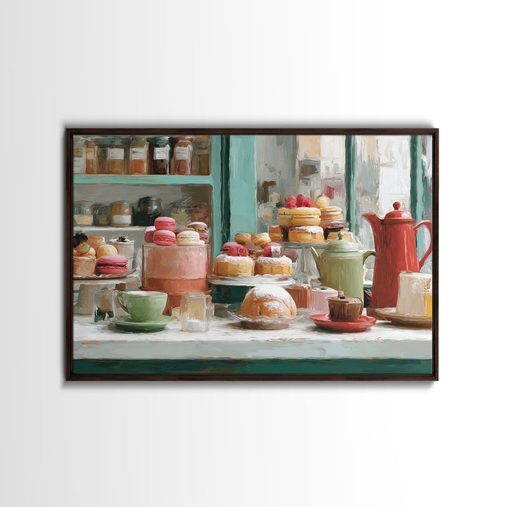 French Patisserie Window Display of Pastel Pastries Framed Canvas Print, Bakery Art, Kids Art, Bakery Decor, Patisserie, BAK-3x2-78