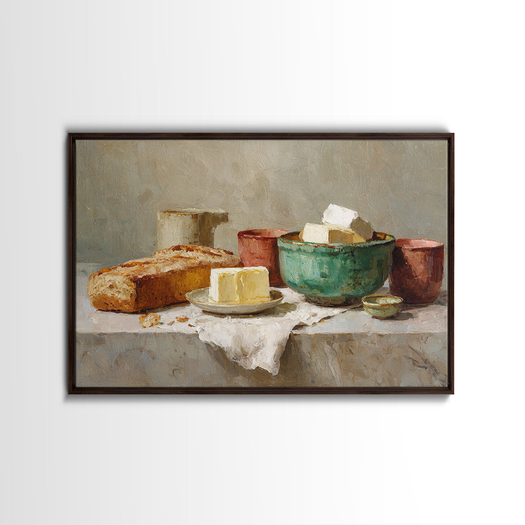 Baguette and Butter Still Life on Marble Canvas Print, Bakery Art, Wall Decor, Bakery Decor, Patisserie, Kitchen Prints, BAK-3x2-84