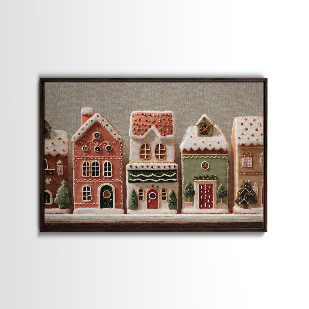 Gingerbread Houses in Charming Folk Art Style Framed Canvas Print, Bakery Art, Whimsical Wall Art, Bakery Decor, Patisserie, BAK-3x2-90