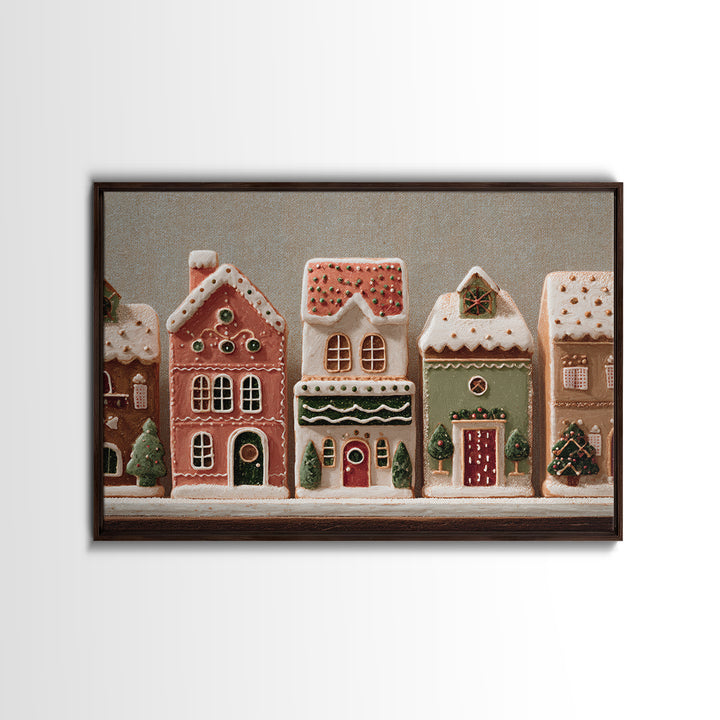 Gingerbread Houses in Charming Folk Art Style Framed Canvas Print, Bakery Art, Whimsical Wall Art, Bakery Decor, Patisserie, BAK-3x2-90