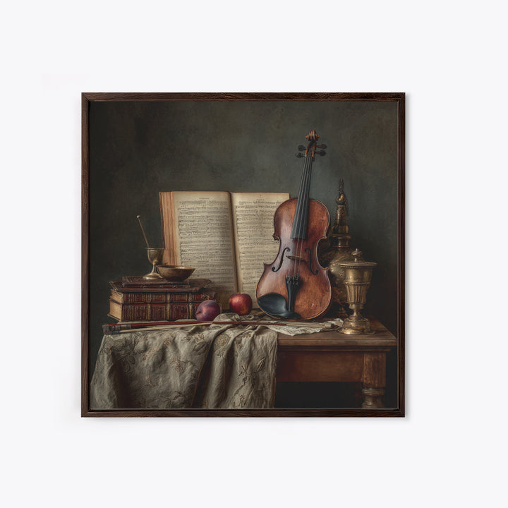 Baroque Violin and Sheet Music Still Life Framed Canvas Print, Baroque Art, Digital Wall Art, Living Room Decor, Ornate, BAO-1x1-11
