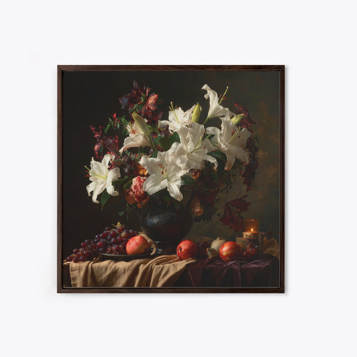 Dramatic White Lilies Framed Canvas Print, Baroque Art, Painting, Living Room Decor, Fine Art, Ornate, Living Room Wall Art, BAO-1x1-12