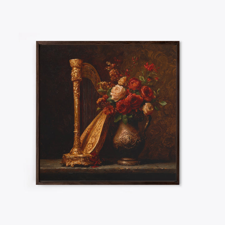 Golden Harp and Roses Canvas Print, Baroque Art, Printable Art, Living Room Decor, Ornate, Gallery Wall, Dark Academia Art, BAO-1x1-18