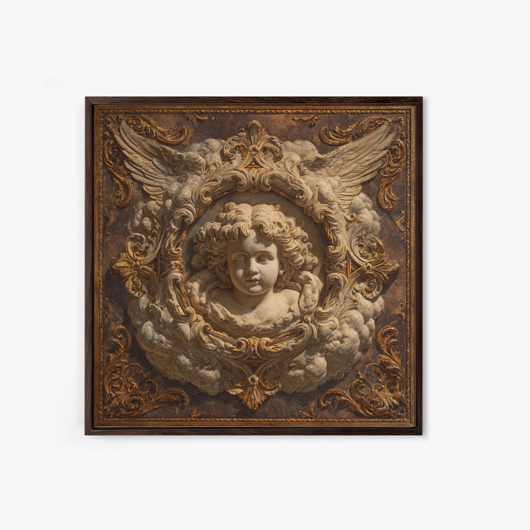 Ornate Cherub Figure Surrounded by Clouds and Framed Canvas Print, Baroque Art, Whimsical Decor, Living Room Decor, Ornate, BAO-1x1-2