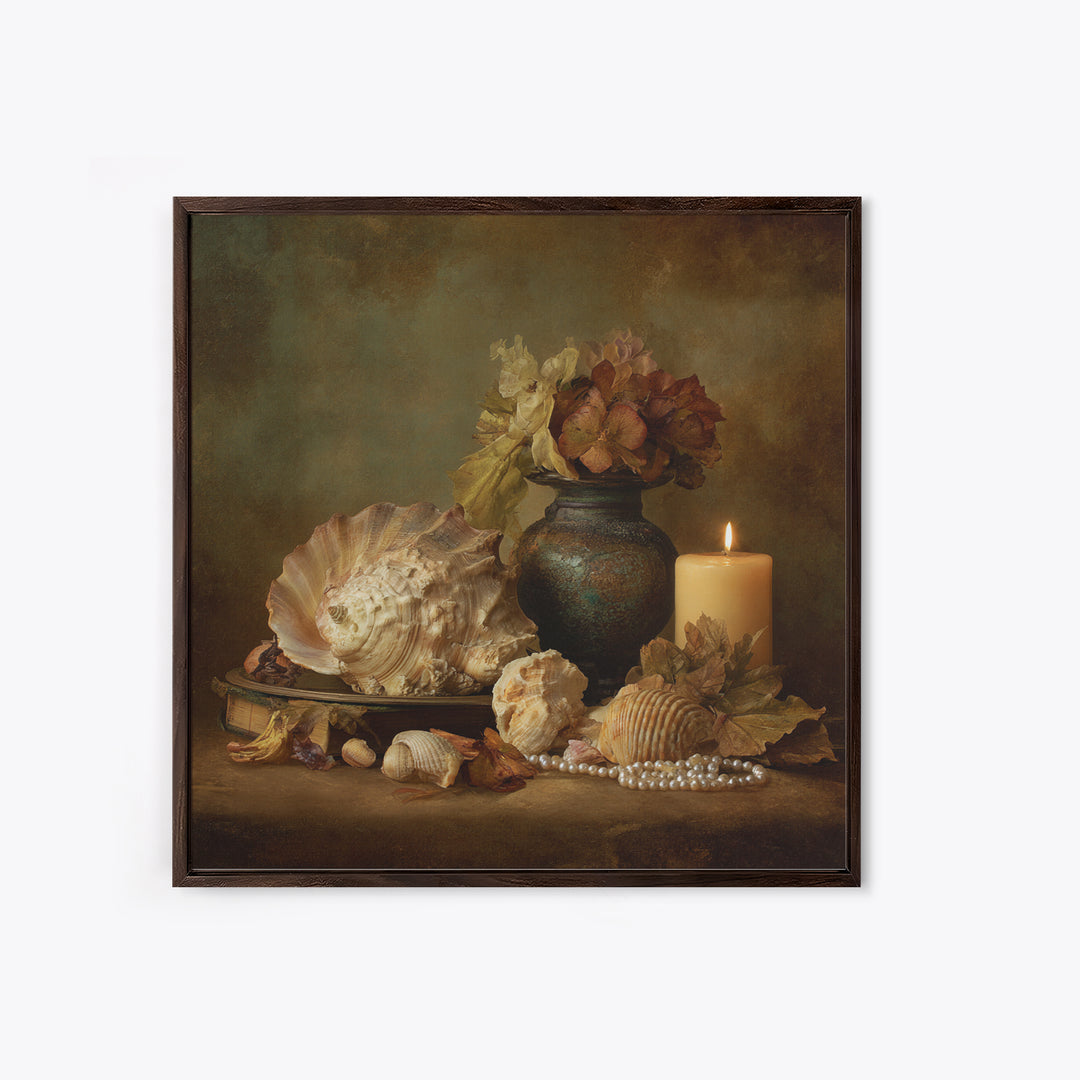 Ornamental Shell and Pearl Composition Canvas Print, Baroque Art, Dark Academia Decor, Living Room Decor, Oil Painting, Ornate, BAO-1x1-22