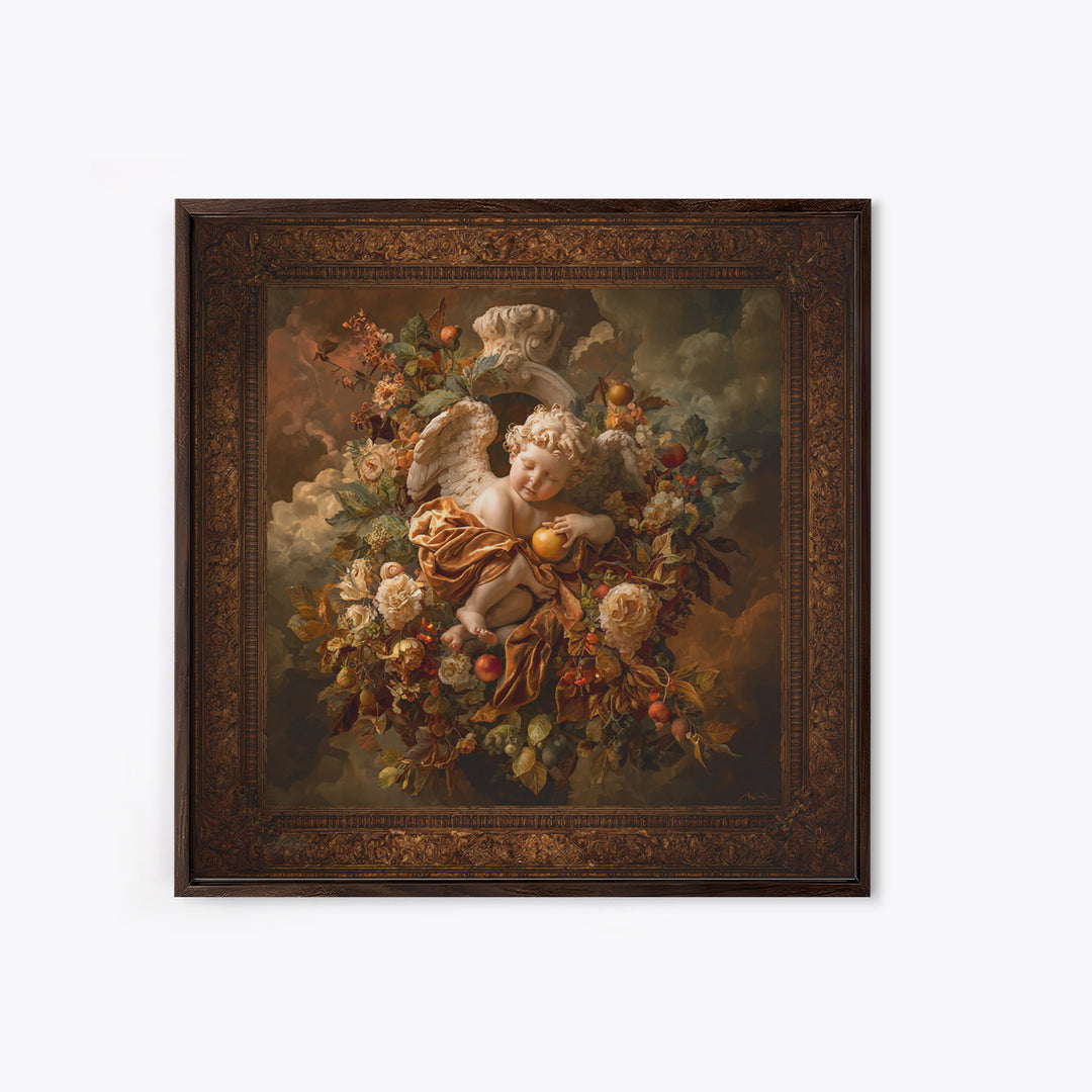 Ornate Cherub Figure Surrounded by Clouds and Canvas Print, Baroque Art, Moody Wall Art, Living Room Decor, Fine Art, Ornate, BAO-1x1-26