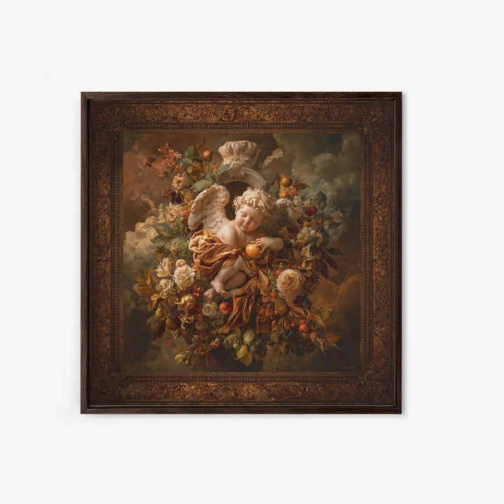 Ornate Cherub Figure Surrounded by Clouds and Canvas Print, Baroque Art, Moody Wall Art, Living Room Decor, Fine Art, Ornate, BAO-1x1-26