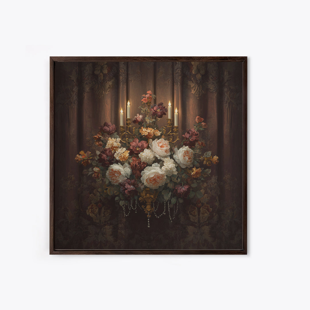 Velvet Drapery with Pearls Flowers and Candlelight Canvas Print, Baroque Art, 3d Wall Art, Living Room Decor, Ornate, BAO-1x1-27
