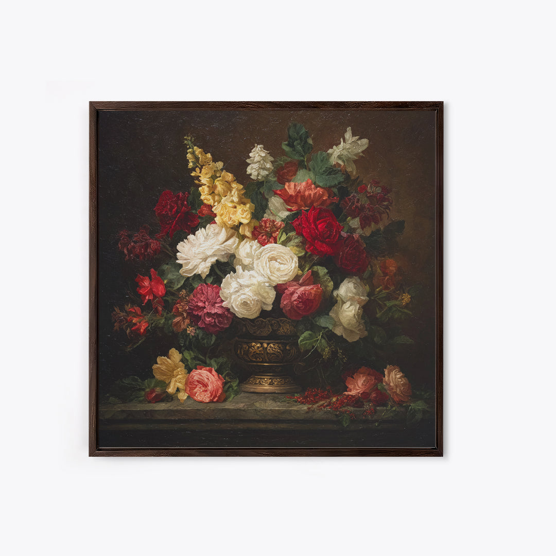 Dark Floral Arrangement Framed Canvas Print, Baroque Art, Oil Painting, Living Room Decor, Fine Art, Ornate, Eclectic Wall Art, BAO-1x1-28