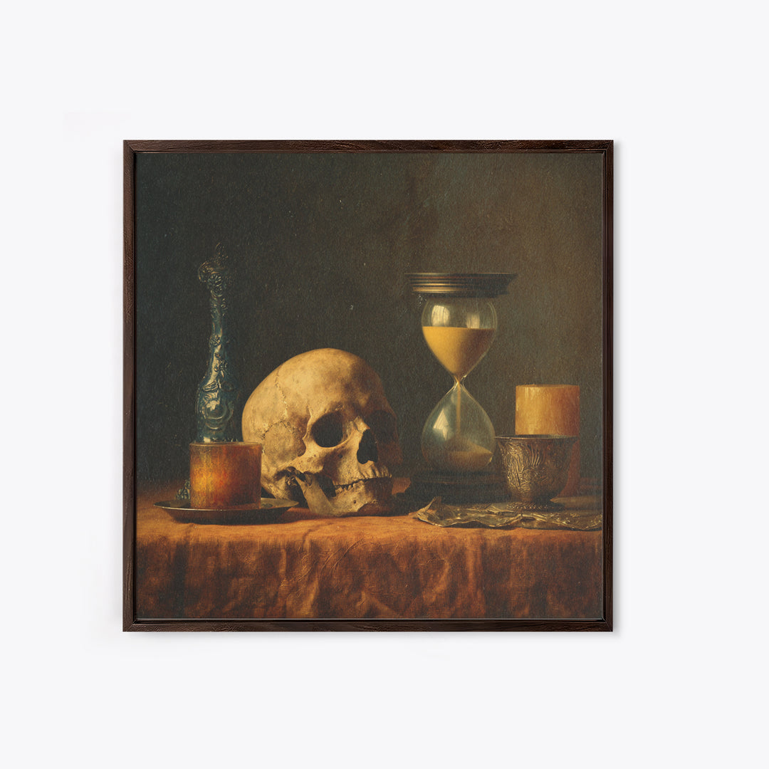 Skull and Hourglass Vanitas Still Life Framed Canvas Print, Baroque Art, Dark Academia Art, Living Room Decor, Fine Art, Ornate, BAO-1x1-29