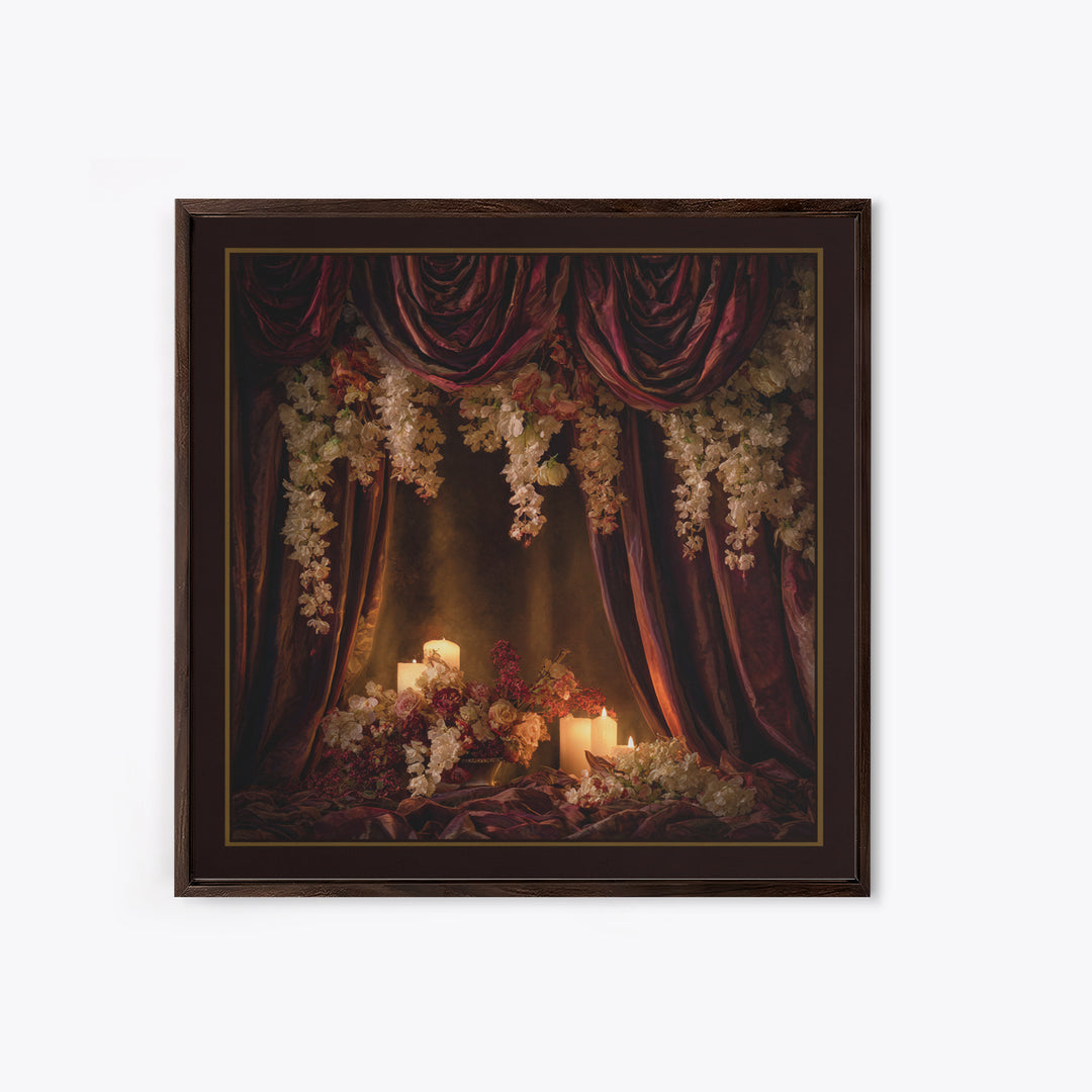 Velvet Drapery with Pearls Flowers and Candlelight Canvas Print, Baroque Art, Canvas, Living Room Decor, Fine Art, Ornate, BAO-1x1-3