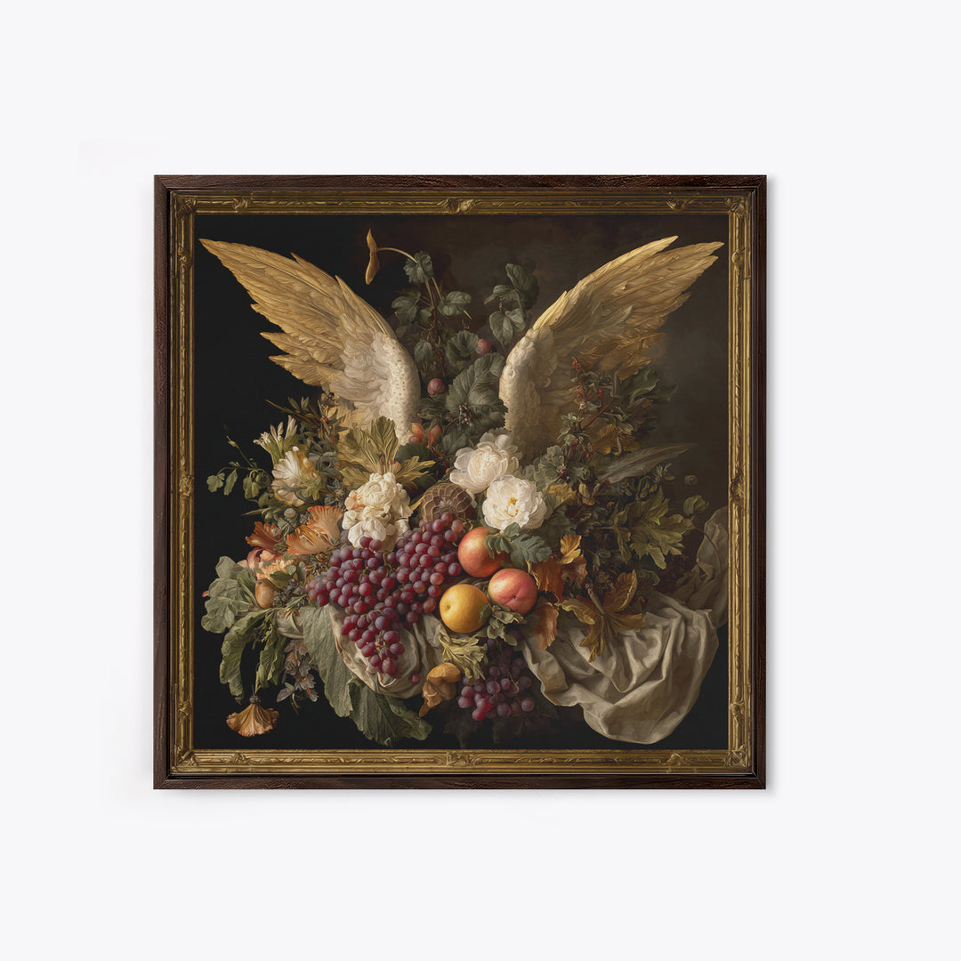 Gilded Angel Wings Emerging from Storm Clouds Canvas Print, Baroque Art, Minimalist Wall Art, Living Room Decor, Oil Painting, BAO-1x1-30
