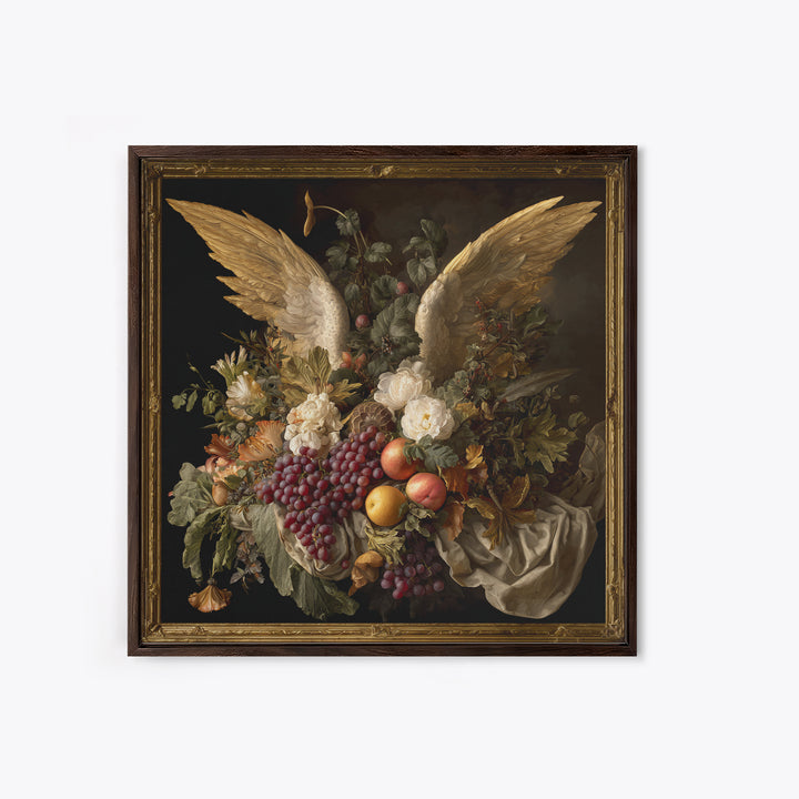 Gilded Angel Wings Emerging from Storm Clouds Canvas Print, Baroque Art, Minimalist Wall Art, Living Room Decor, Oil Painting, BAO-1x1-30