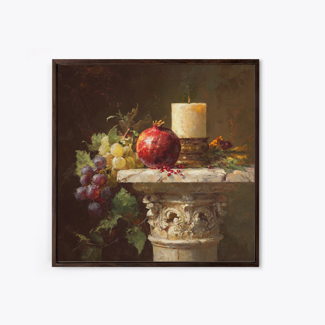Pomegranate and Grapes on a Marble Ledge Framed Canvas Print, Baroque Art, Home Decor, Living Room Decor, Fine Art, Ornate, BAO-1x1-32