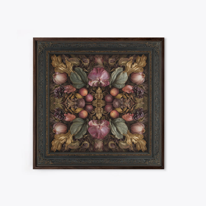 Ornate Gold Frame Illusion Around a Botanical Framed Canvas Print, Baroque Art, Maximalist Decor, Living Room Decor, Ornate, BAO-1x1-33