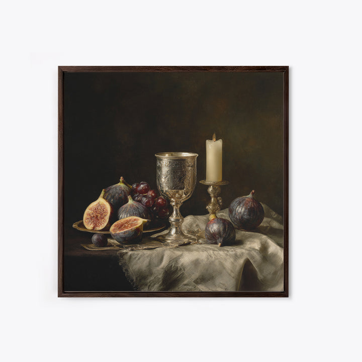 Candlelit Table with Silver Goblet and Figs Canvas Print, Baroque Art, Room Decor Aesthetic, Living Room Decor, Ornate, BAO-1x1-37