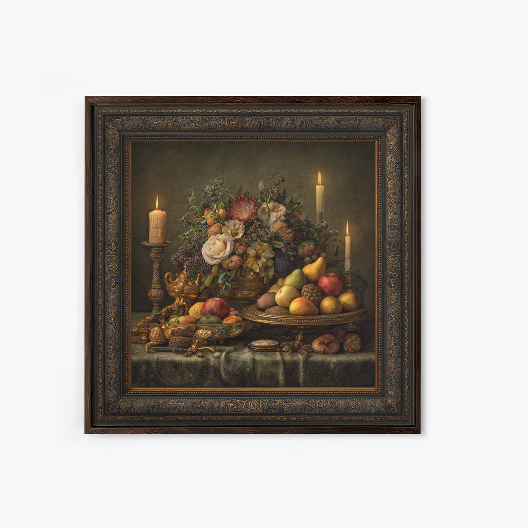 Lavish Banquet Fruit Composition Framed Canvas Print, Baroque Art, Whimsical Decor, Living Room Decor, Fine Art, Ornate, BAO-1x1-44