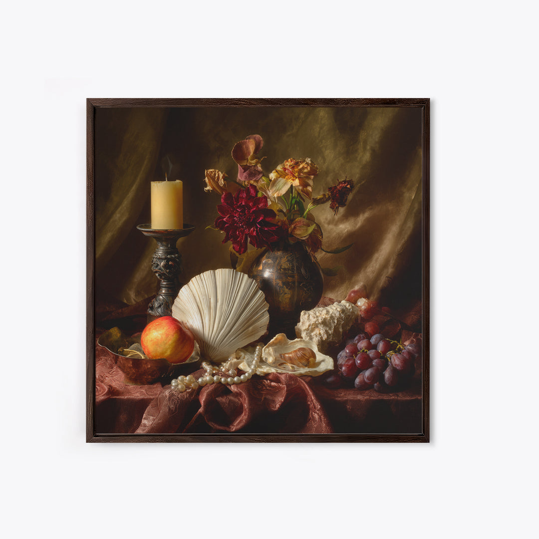 Ornamental Shell and Pearl Composition Framed Canvas Print, Baroque Art, Living Room Wall Art, Living Room Decor, Ornate, BAO-1x1-46