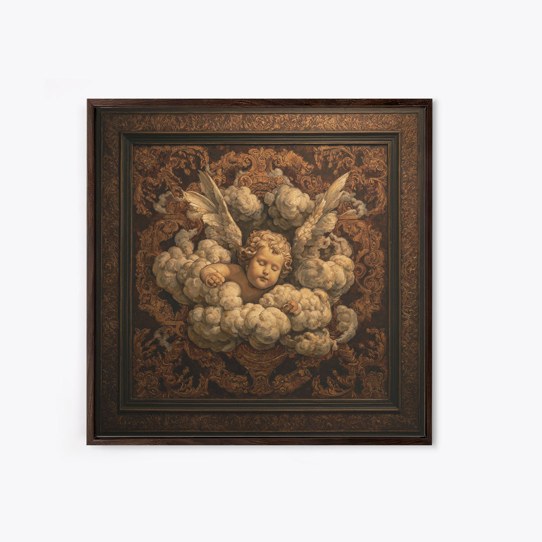 Ornate Cherub Figure Surrounded by Clouds and Canvas Print, Baroque Art, Moody Wall Art, Living Room Decor, Fine Art, Ornate, BAO-1x1-50