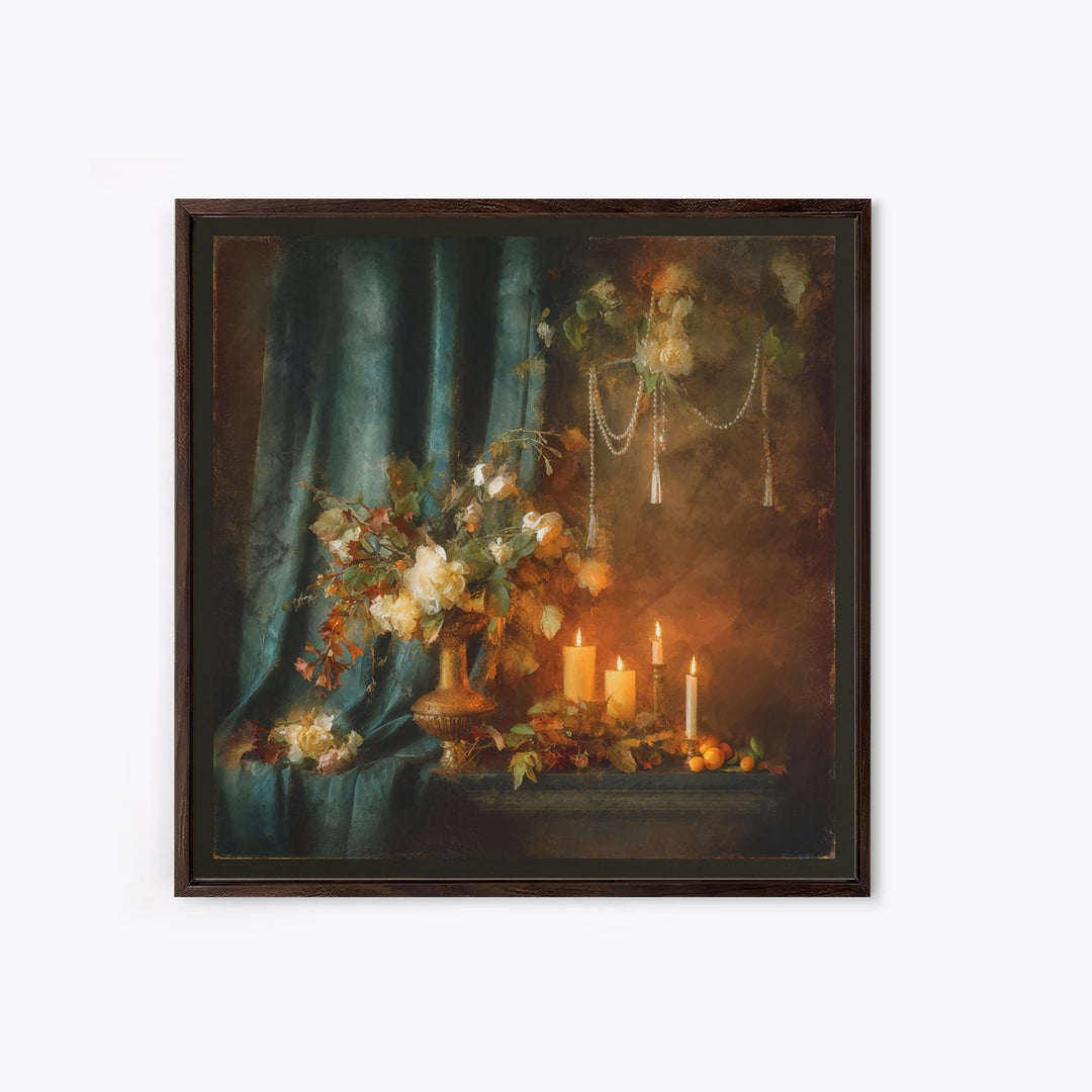 Velvet Drapery with Pearls Flowers and Candlelight Canvas Print, Baroque Art, Maximalist Decor, Living Room Decor, Ornate, BAO-1x1-51