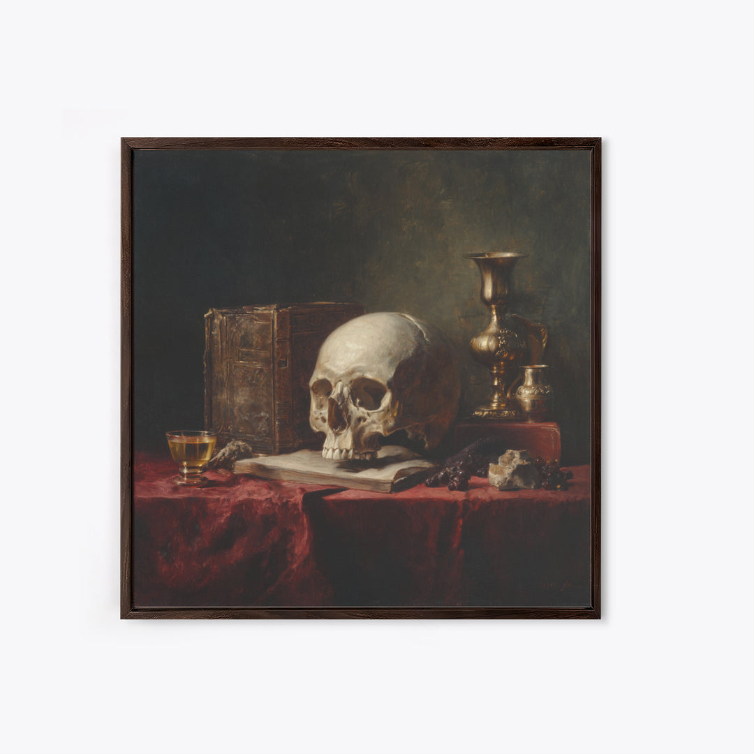 Skull and Hourglass Vanitas Still Life Framed Canvas Print, Baroque Art, Dark Academia Art, Living Room Decor, Fine Art, Ornate, BAO-1x1-53