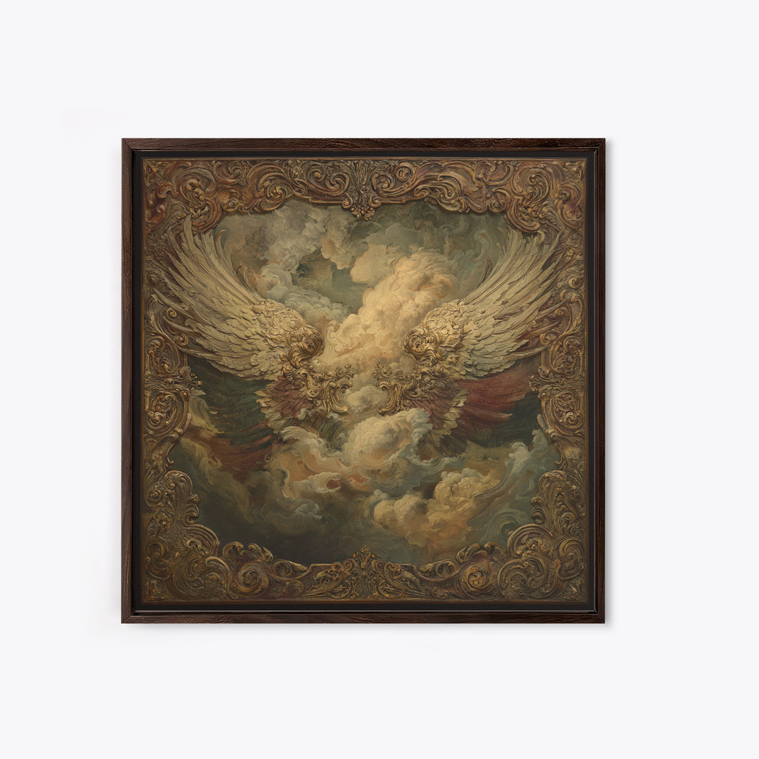 Gilded Angel Wings Emerging from Storm Clouds Canvas Print, Baroque Art, Minimalist Wall Art, Living Room Decor, Oil Painting, BAO-1x1-54