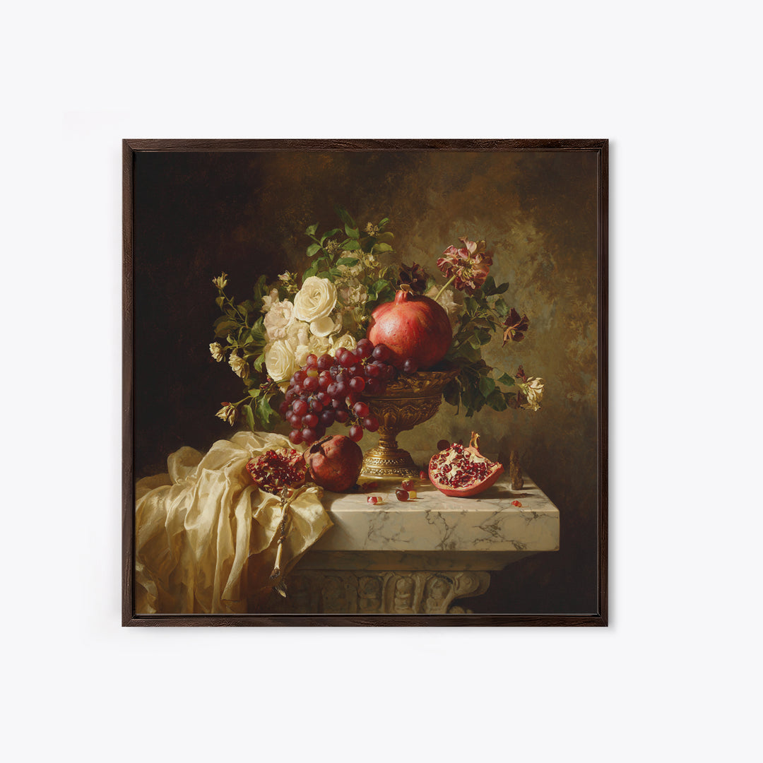 Pomegranate and Grapes on a Marble Ledge Framed Canvas Print, Baroque Art, Digital Wall Art, Living Room Decor, Ornate, BAO-1x1-56