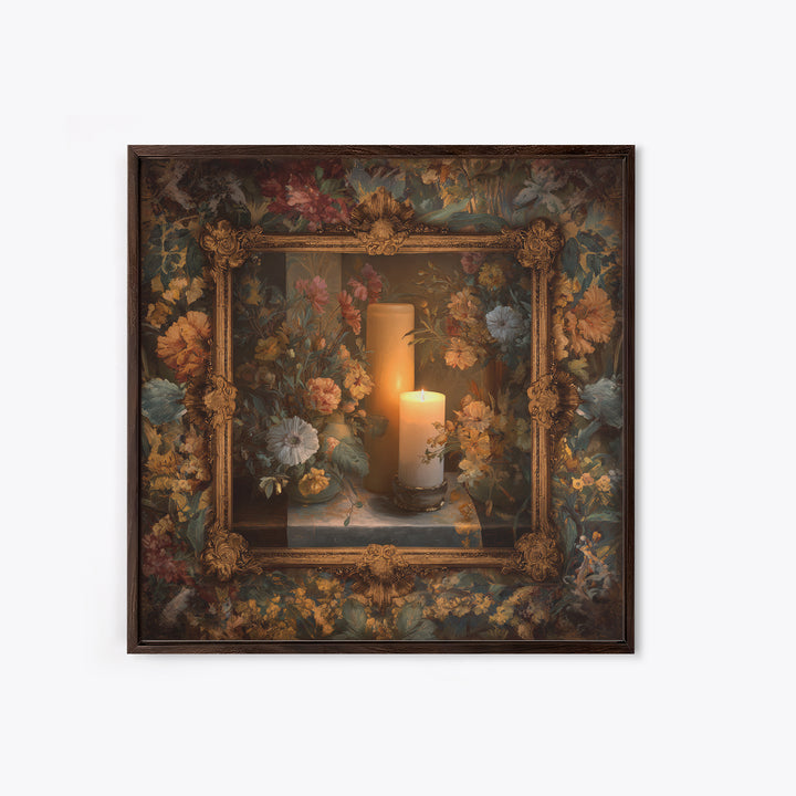 Ornate Gold Frame Illusion Around a Botanical Framed Canvas Print, Baroque Art, Maximalist Decor, Living Room Decor, Ornate, BAO-1x1-57