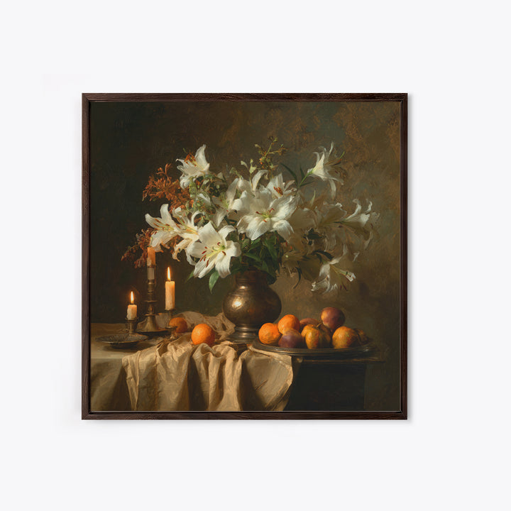 Dramatic White Lilies Canvas Print, Baroque Art, Portrait Painting, Living Room Decor, Fine Art, Ornate, Neutral Decor, BAO-1x1-60