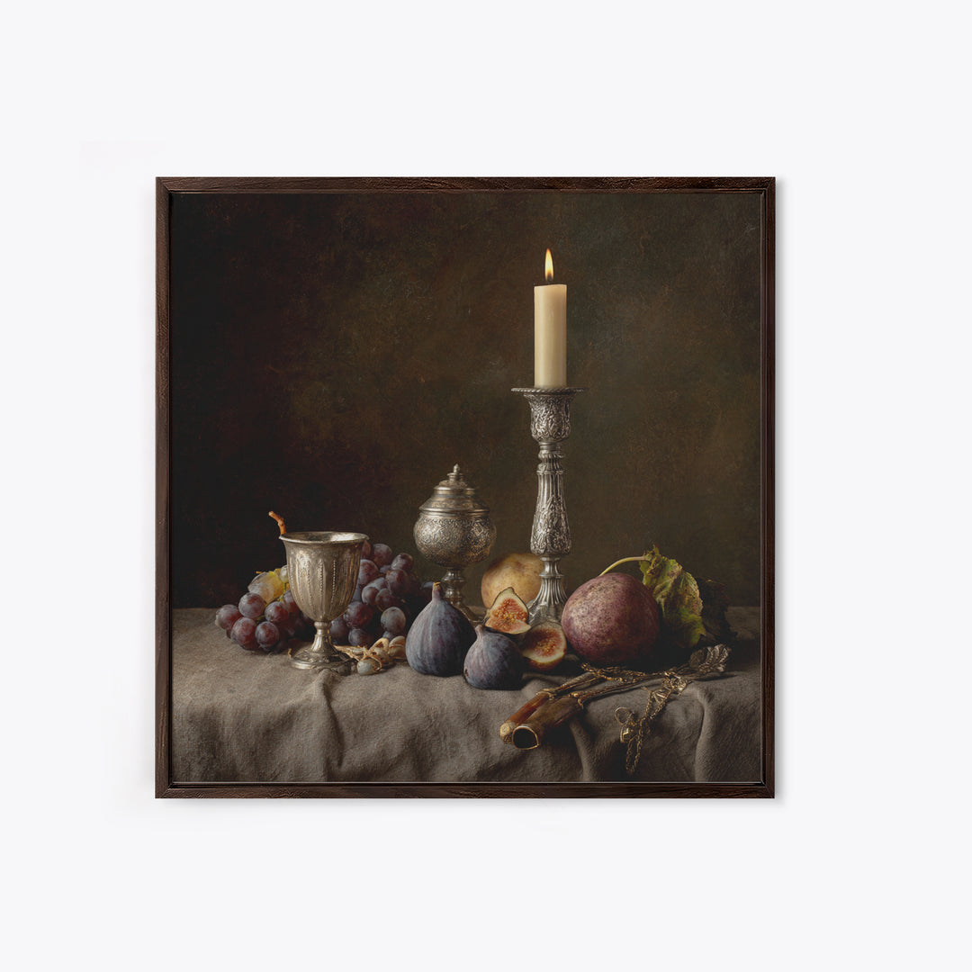 Candlelit Table with Silver Goblet and Figs Canvas Print, Baroque Art, Room Decor Aesthetic, Living Room Decor, Ornate, BAO-1x1-61