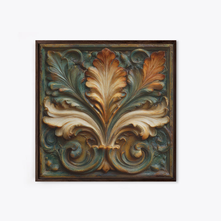 Carved Acanthus Leaf Ornament Study Framed Canvas Print, Baroque Art, Maximalist Wall Art, Living Room Decor, Oil Painting, BAO-1x1-63