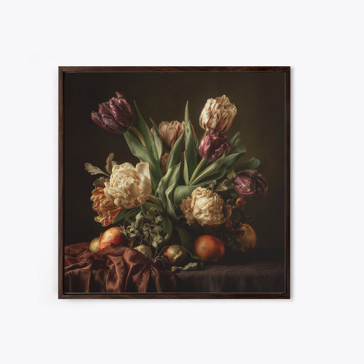 Black Background Tulips Framed Canvas Print, Baroque Art, Living Room Wall Art, Living Room Decor, Ornate, Art Nouveau Decor, BAO-1x1-64