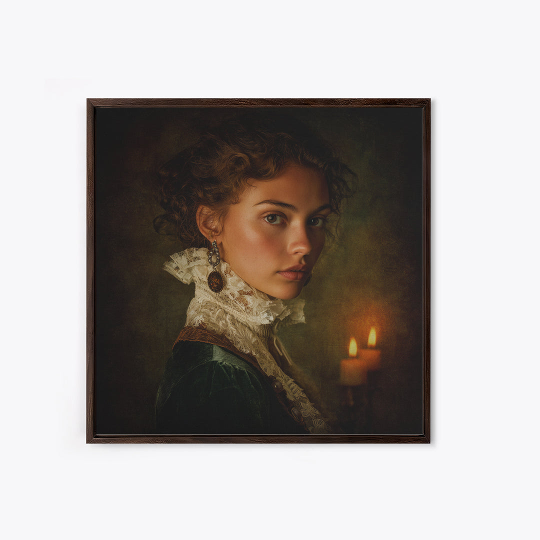 Classical Portrait with Lace Collar and Jewel Framed Canvas Print, Baroque Art, Oil Painting, Living Room Decor, Ornate, BAO-1x1-7