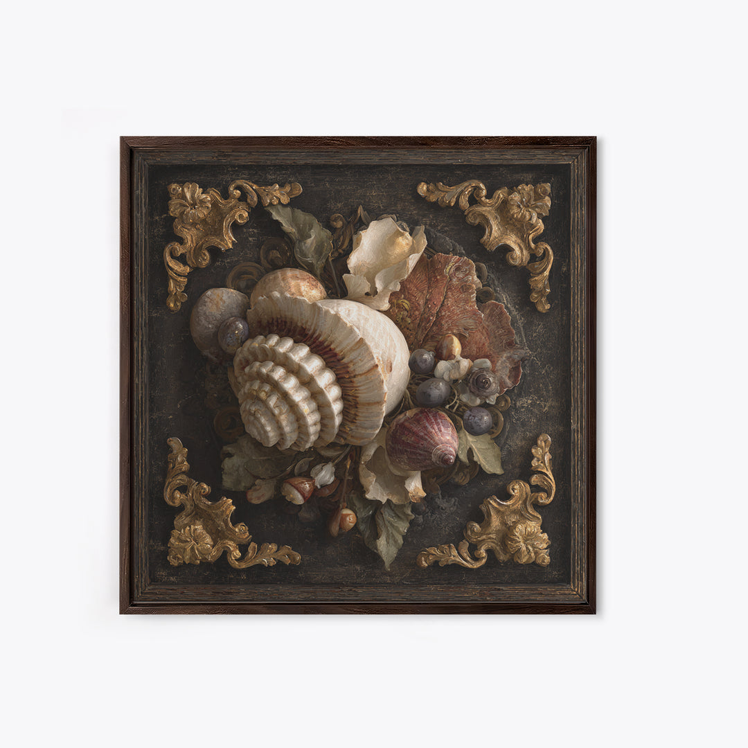 Ornamental Shell and Pearl Composition Framed Canvas Print, Baroque Art, Living Room Wall Art, Living Room Decor, Ornate, BAO-1x1-70