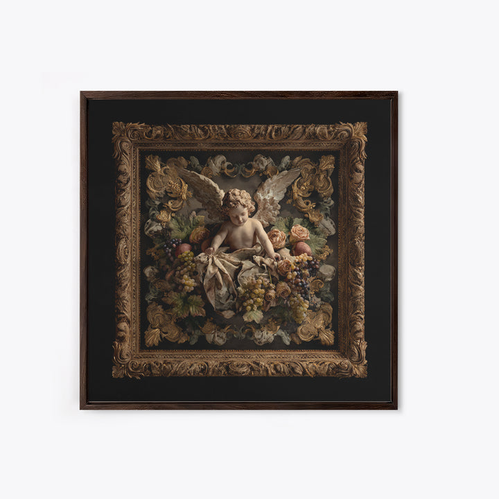 Ornate Cherub Figure Surrounded by Clouds and Canvas Print, Baroque Art, Dark Academia Art, Living Room Decor, Ornate, BAO-1x1-74
