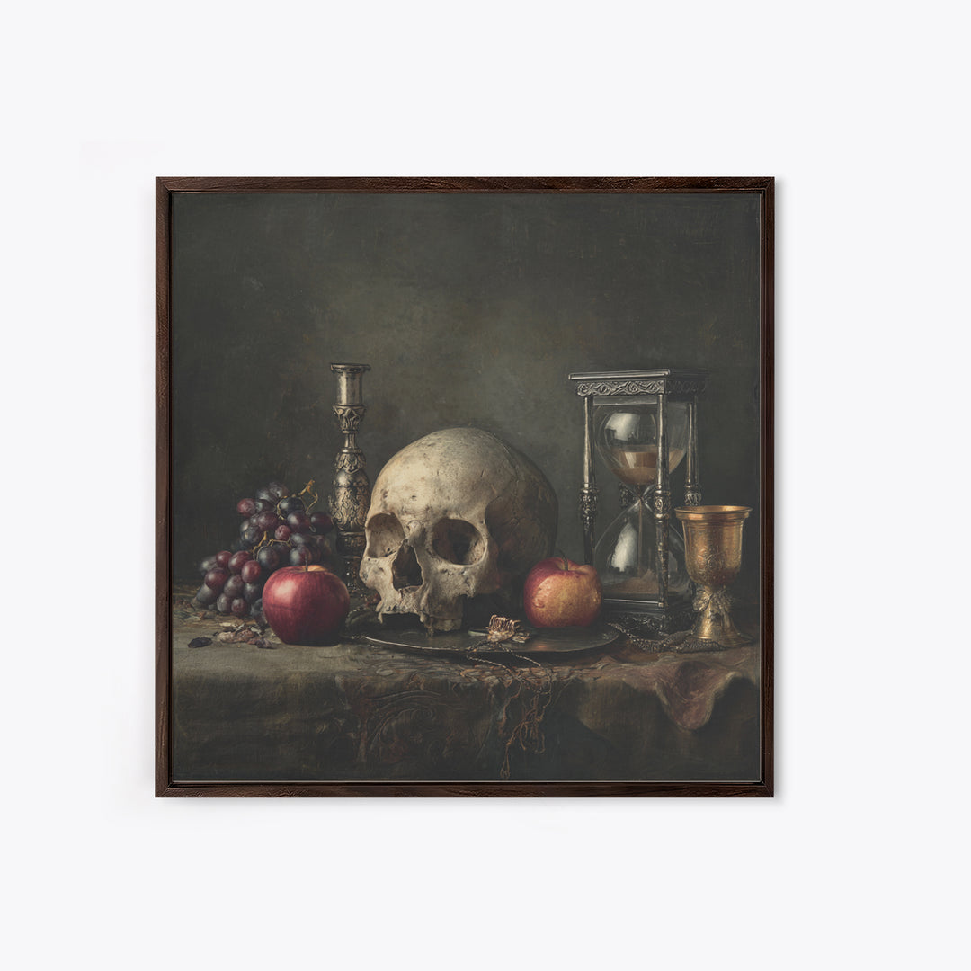 Skull and Hourglass Vanitas Still Life Canvas Print, Baroque Art, Art Nouveau Decor, Living Room Decor, Fine Art, Ornate, BAO-1x1-77
