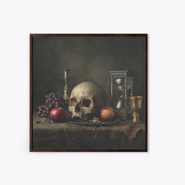Skull and Hourglass Vanitas Still Life Canvas Print, Baroque Art, Art Nouveau Decor, Living Room Decor, Fine Art, Ornate, BAO-1x1-77