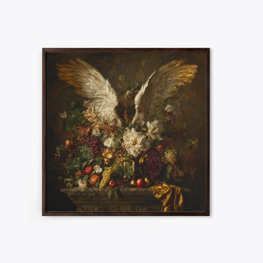 Gilded Angel Wings Emerging from Storm Clouds Framed Canvas Print, Baroque Art, Maximalist Decor, Living Room Decor, Ornate, BAO-1x1-78