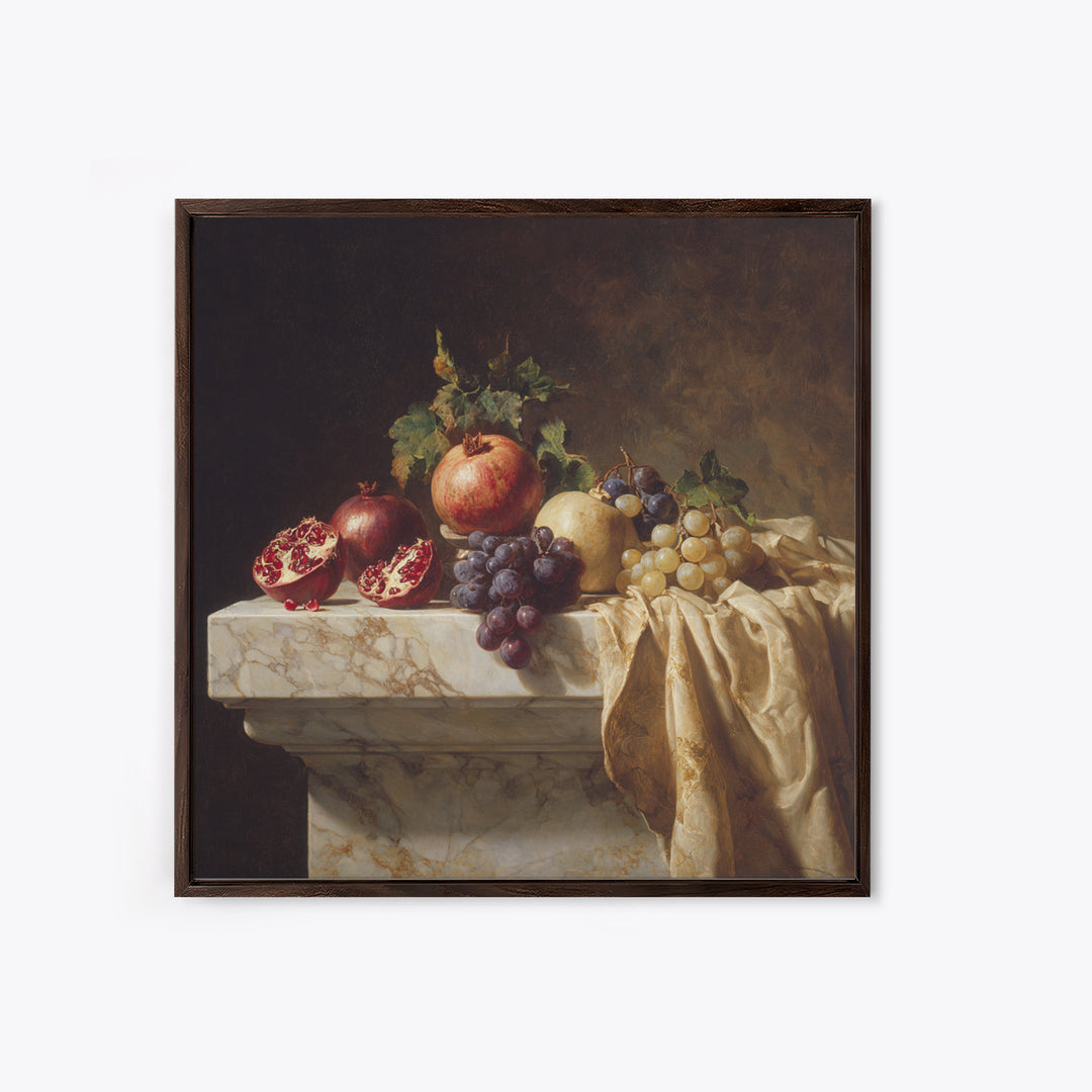 Pomegranate and Grapes on a Marble Ledge Framed Canvas Print, Baroque Art, Digital Wall Art, Living Room Decor, Ornate, BAO-1x1-8