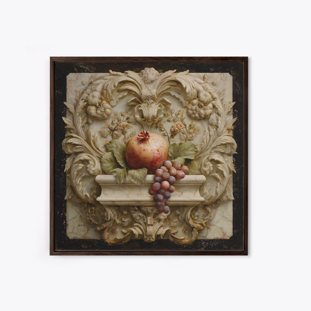 Pomegranate and Grapes on a Marble Ledge Framed Canvas Print, Baroque Art, Home Decor, Living Room Decor, Fine Art, Ornate, BAO-1x1-80