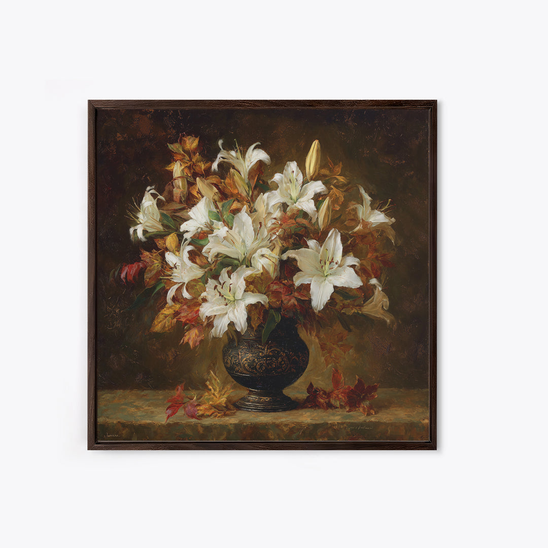 Dramatic White Lilies Framed Canvas Print, Baroque Art, Maximalist Wall Art, Living Room Decor, Abstract Art, Ornate, BAO-1x1-84