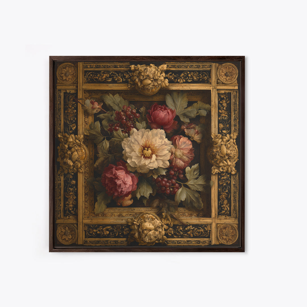 Ornate Gold Frame Illusion Around a Botanical Canvas Print, Baroque Art, Minimalist Wall Art, Living Room Decor, Ornate, BAO-1x1-9