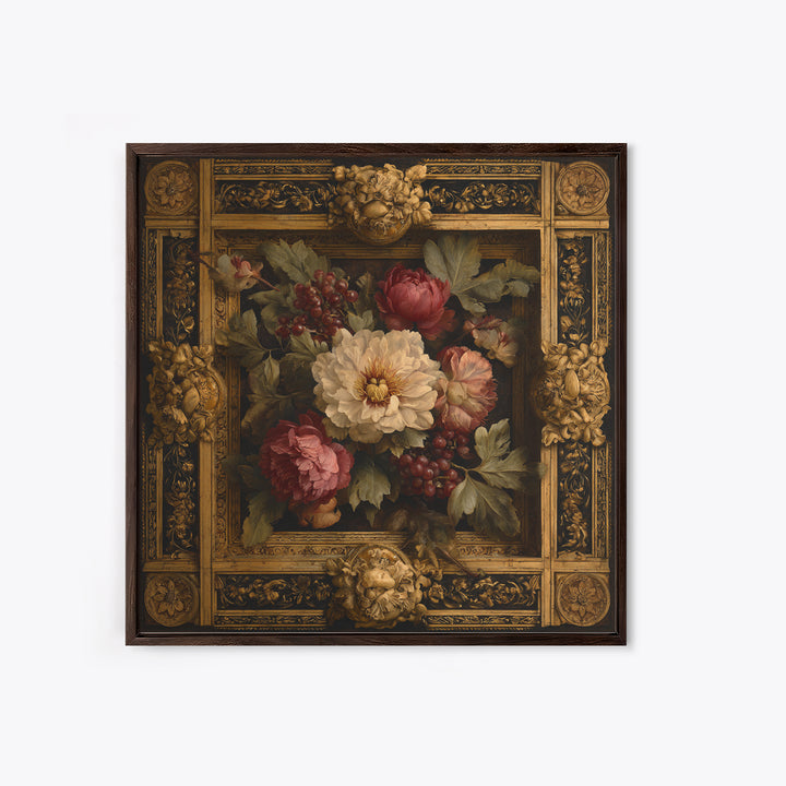 Ornate Gold Frame Illusion Around a Botanical Canvas Print, Baroque Art, Minimalist Wall Art, Living Room Decor, Ornate, BAO-1x1-9