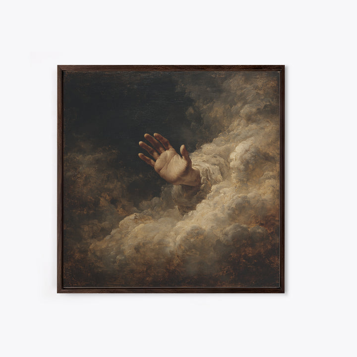 Angelic Hand Reaching Through Clouds Framed Canvas Print, Baroque Art, Maximalist Wall Art, Living Room Decor, Oil Painting, BAO-1x1-93