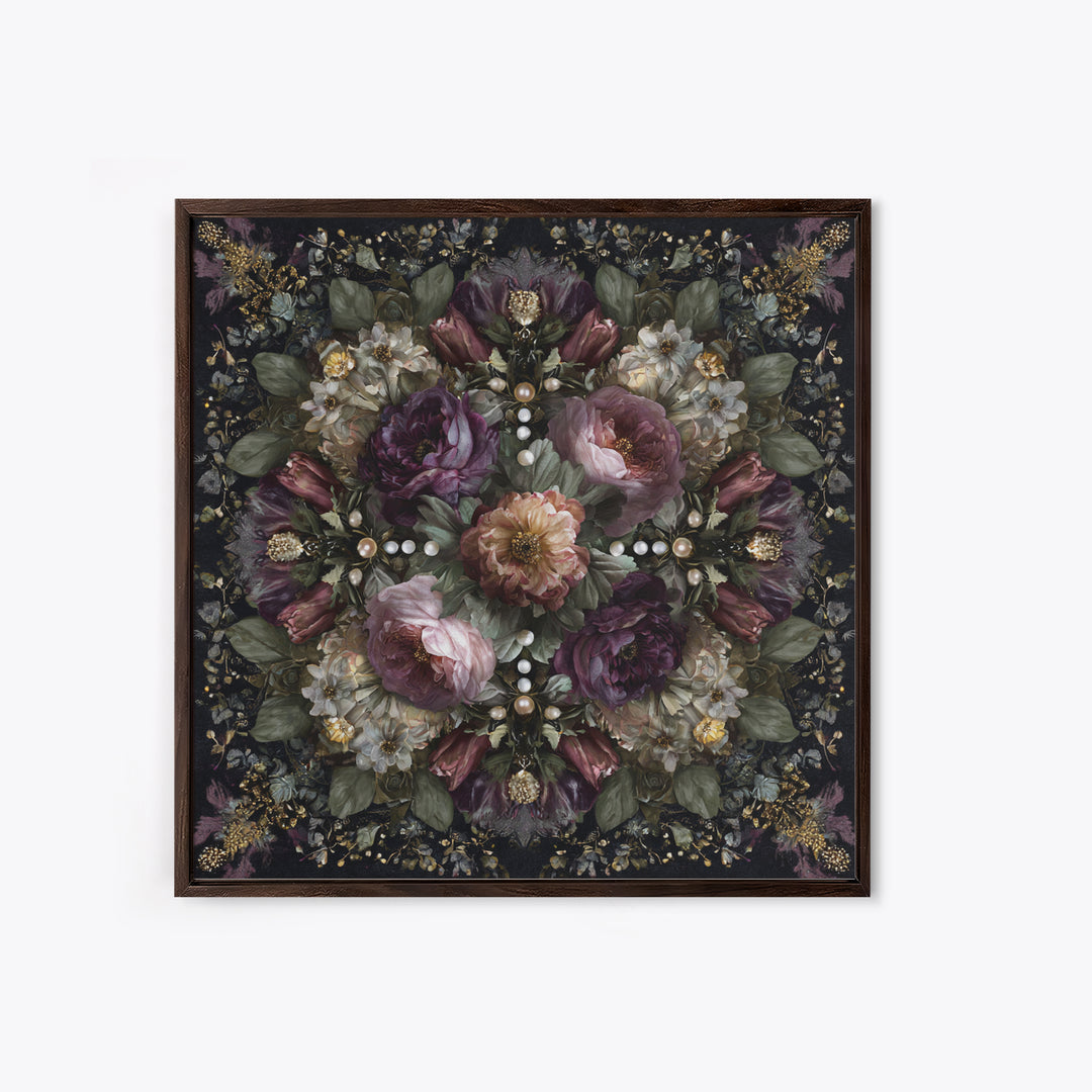 Velvet Drapery with Pearls Flowers and Candlelight Canvas Print, Baroque Art, Living Room Decor, Oil Painting, Ornate, BAO-1x1-99