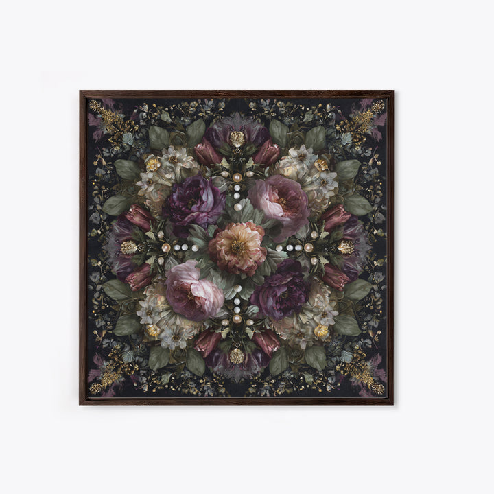 Velvet Drapery with Pearls Flowers and Candlelight Canvas Print, Baroque Art, Living Room Decor, Oil Painting, Ornate, BAO-1x1-99