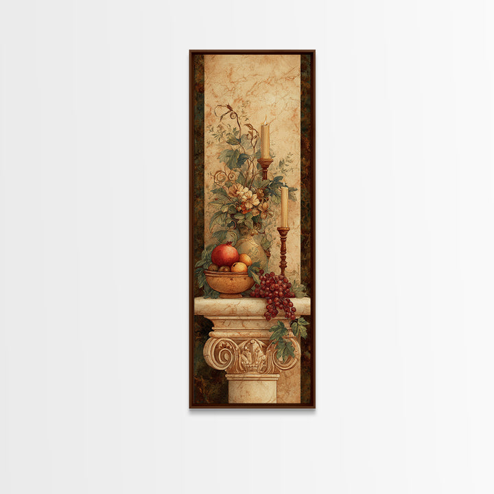 Pomegranate and Grapes on a Marble Ledge Framed Canvas Print, Baroque Art, Dark Academia Art, Living Room Decor, Ornate, BAO-1x3-20