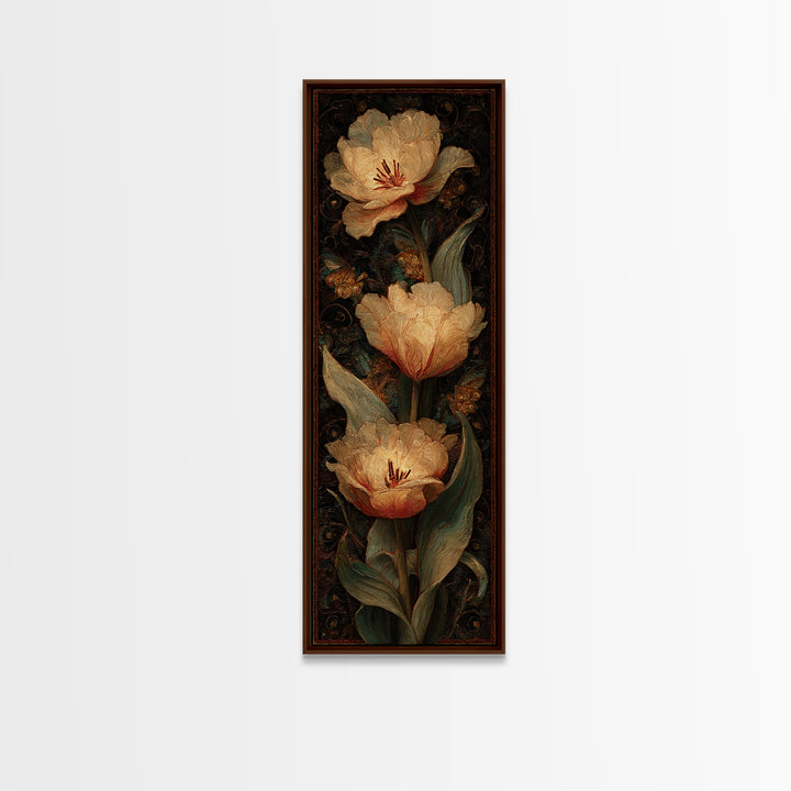 Black Background Tulips Framed Canvas Print, Baroque Art, Room Decor, Living Room Decor, Oil Painting, Ornate, Digital Wall Art, BAO-1x3-76