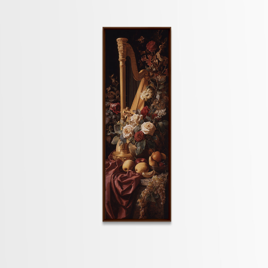 Golden Harp and Roses Canvas Print, Baroque Art, Portrait Painting, Living Room Decor, Fine Art, Ornate, Neutral Decor, BAO-1x3-78